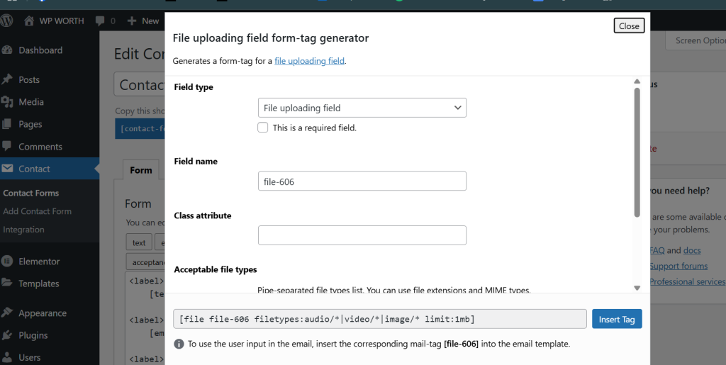 Contact Forms 7 Tag Generator popup with filetypes.