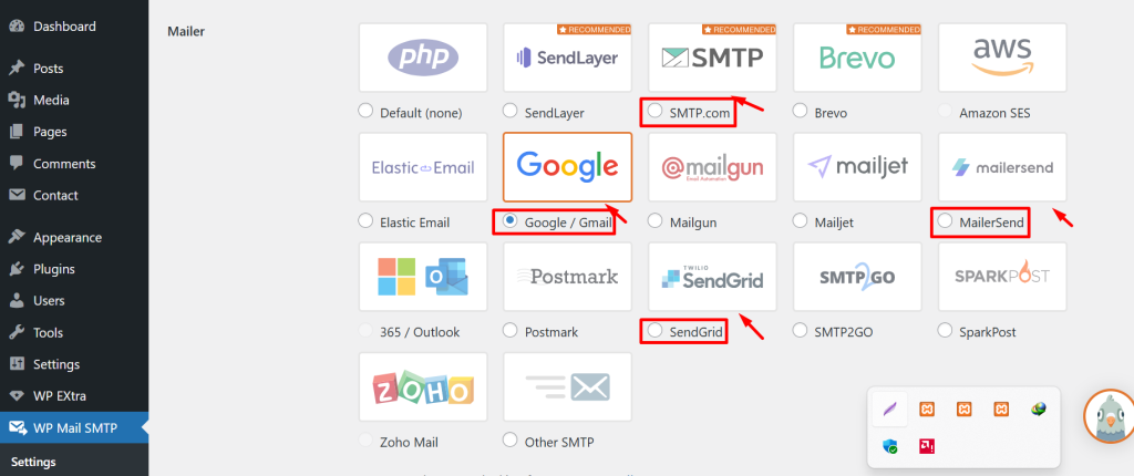 Select mailer service in WP Mail SMTP settings