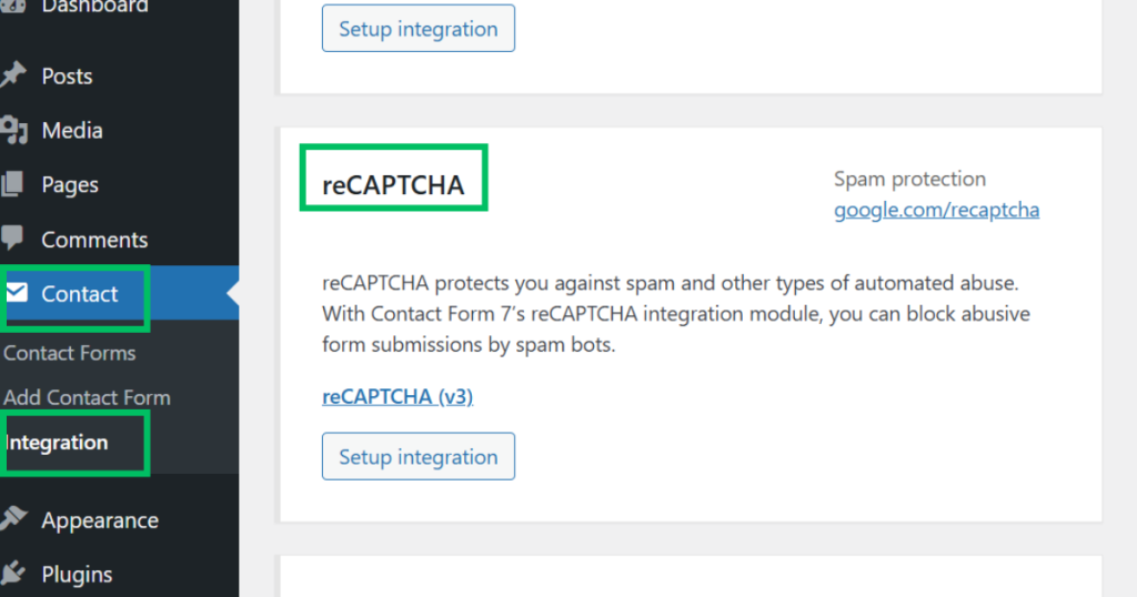WordPress Contact Form 7 integration page showing reCAPTCHA key fields
