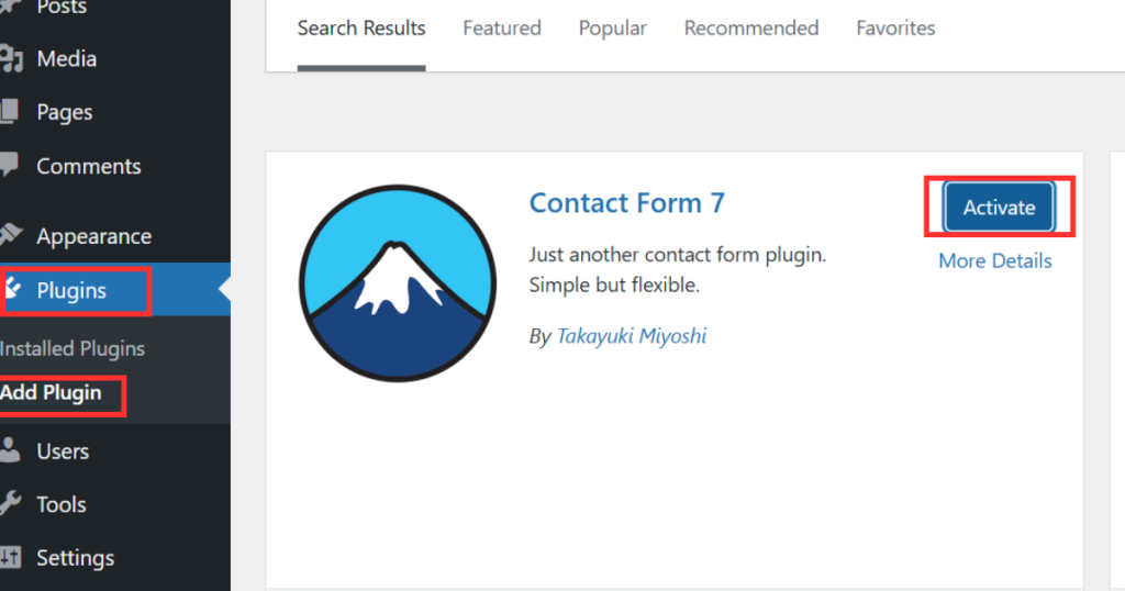 Contact Form 7 plugin installation page in WordPress dashboard