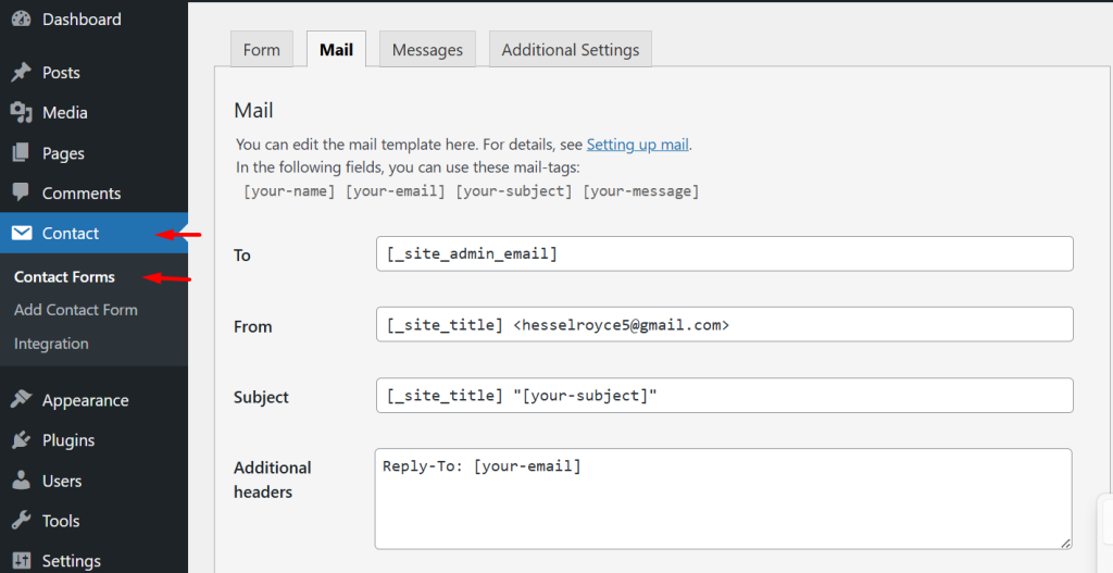 Mail tab settings inside a Contact Form 7 form