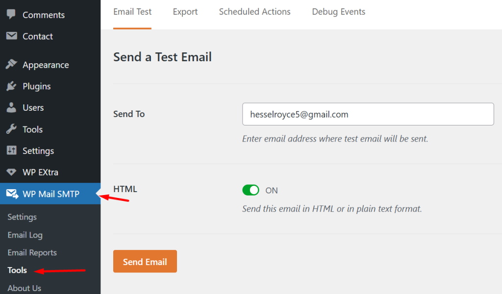 Using WP Mail SMTP test email tool to verify configuration