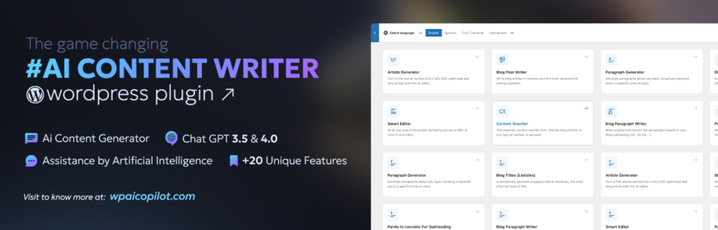WP AI CoPilot – AI content writer plugin, ChatGPT WordPress, GPT-3/4 , Ai assistance